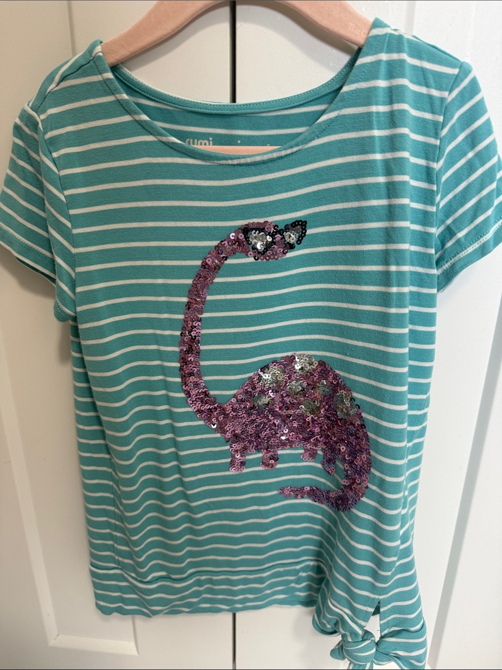 Kids Striped Teal Short-Sleeve Tee with Purple Sequin Dinosaur - Tea Collection